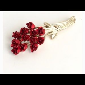 Vintage DMC 97 Pin Signed Brooch One Dozen Red Roses Gold Stems 2" Long